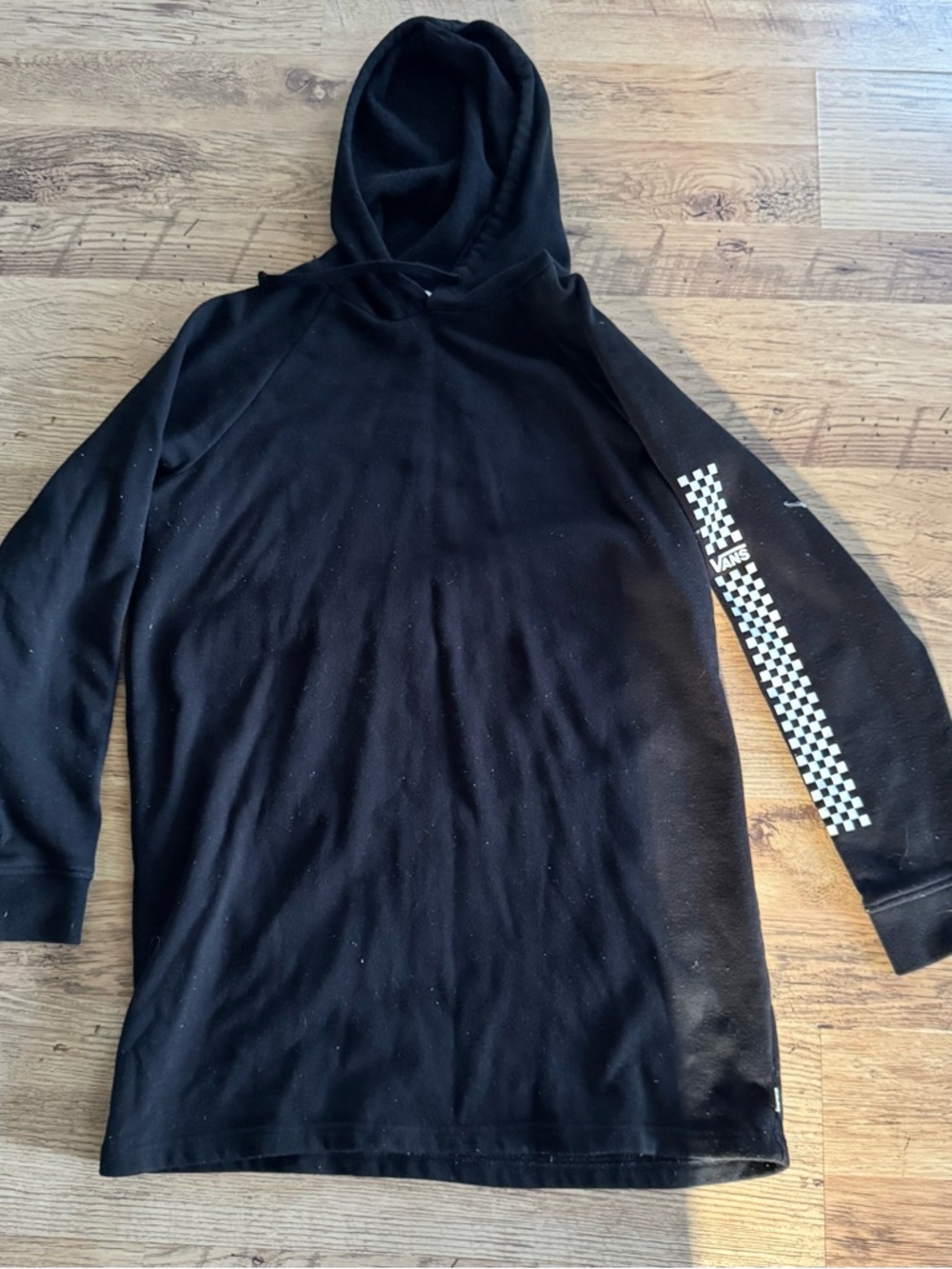 Vans Black Hooded Long Sleeve Tee with White Checker Sleeve